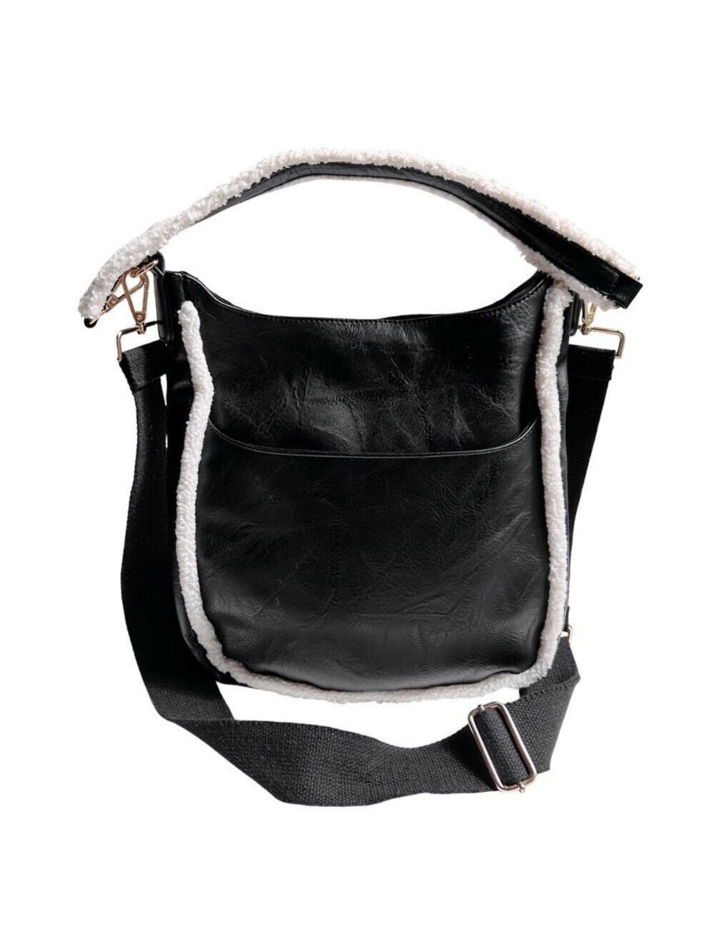 Ah-Dorned Sherpa Trim Vegan Leather Crossbody Shoulder Bag